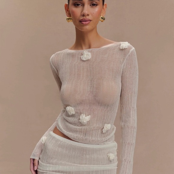 Meshki Tops - Meshki Sheer White Floral Knit Set